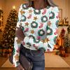 Women's Casual Christmas Print Long Sleeve Ribbed Knit Top with Round Neck