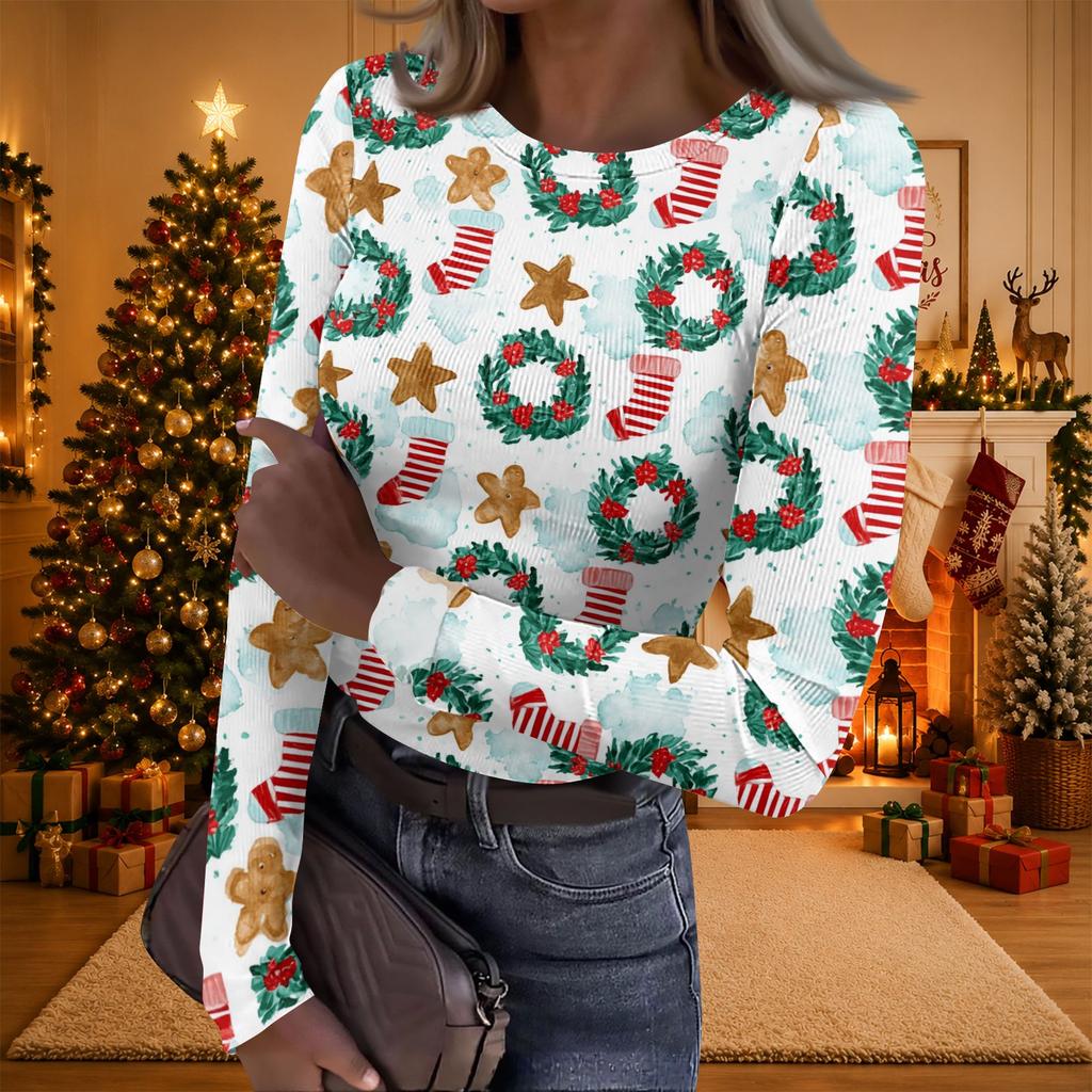 Women's Casual Christmas Print Long Sleeve Ribbed Knit Top with Round Neck