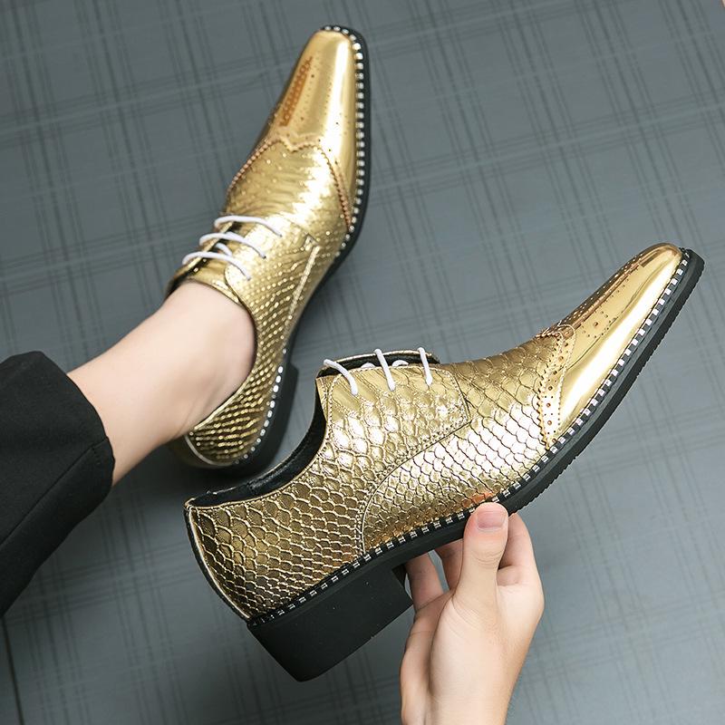 Golden Glossy Business Brogue Leather Shoes - European & American Style, Large Size Lace-up Derby Shoes