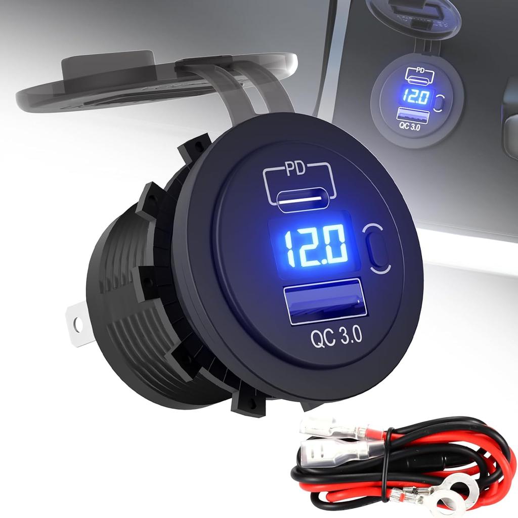 Rocker Type Charger Socket Type-C PD + USB QC 3.0 Charger + Voltmeter with Waterproof Cover 12V/24V Blue Led for Rocker Switch Switch Panel On Marine