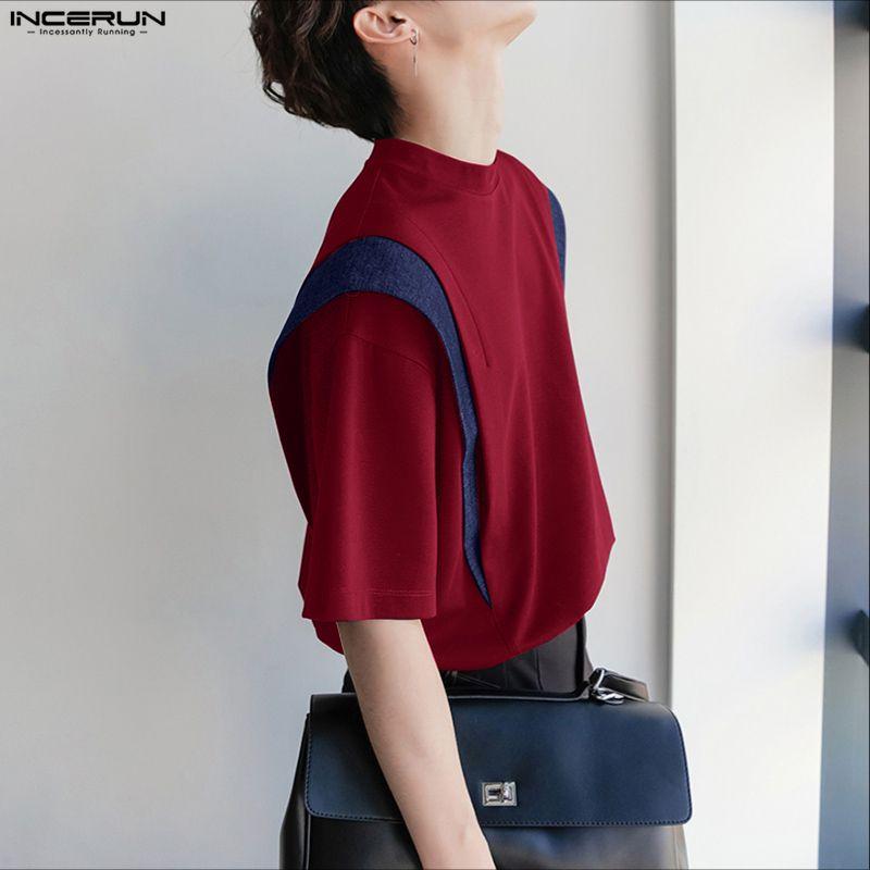 INCERUN Men Round Neck Short Sleeve Patchwork Oversized T-Shirts Tops