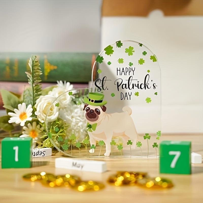 Happy St. Patrick'S Day Acrylic Heart Plaque with Leprechaun Dog & Clover Design - Perfect for Home, Office, or Desk Decor | Ideal Gift for Dog Lovers