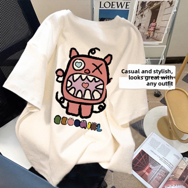 Summer Loose Oversize Women's T-irt Cotton Pure Long ort Sve round Ne Print Korean Sle Casual Comfortable Top