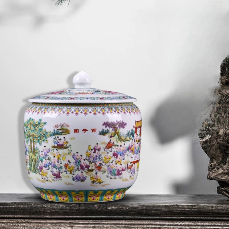Jingdezhen Ceramic Enamel Tea Jar with Lid Antique Style Sealed Storage Utensils for Pu'er Tea Household Kitchen Caddy