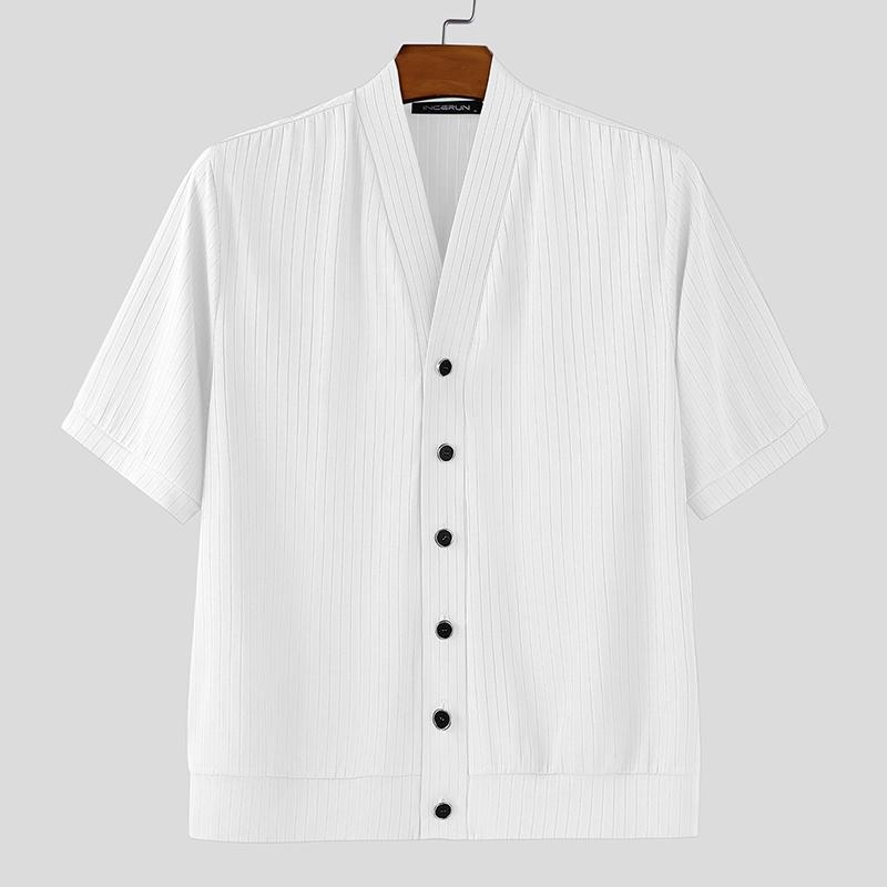 

INCERUN Men Shirts Casual Collarless Short Sleeve Buttons Up Tops M белый