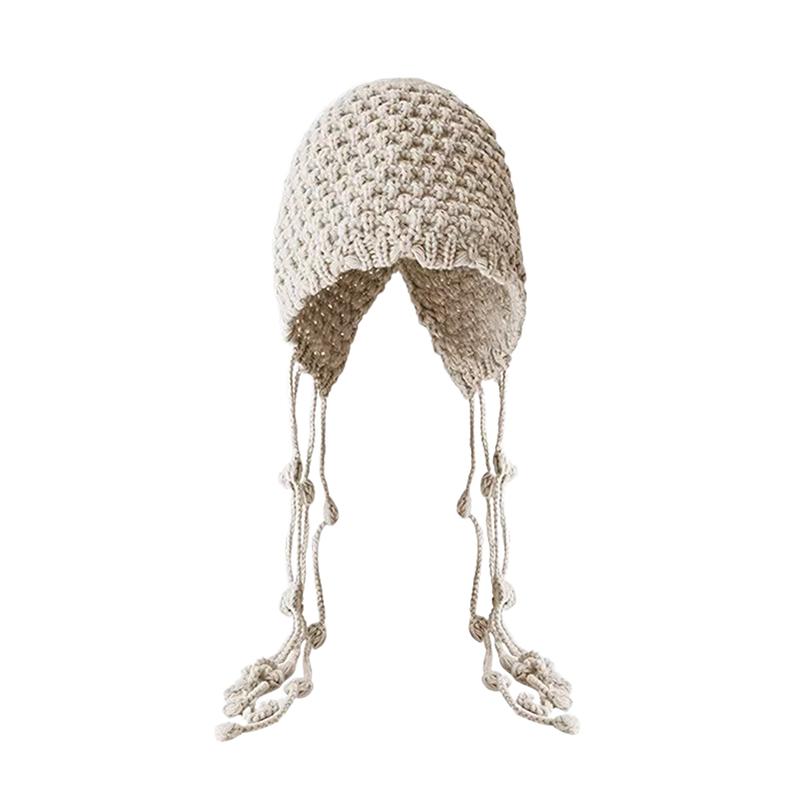 Sweet Handmade Autumn Winter Knitted Beanies Hat Wool Warm Ear Protection Hat Windproof Tassel Pullover Hat