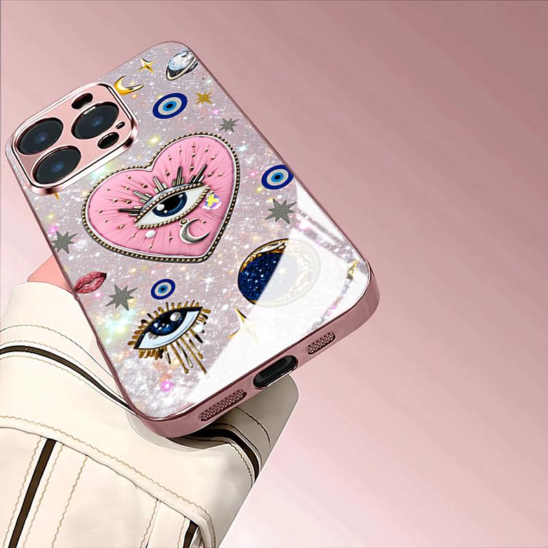 Sparkling Pink Love Eyes Tempered Glass Phone Case for iPhone 17 Pro Max 16 15 14 Plus 11 12 13 Pro Max 16E 17Air Protect Cover