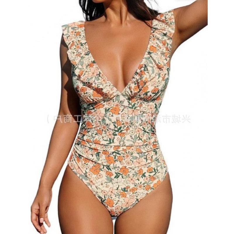Women s one-piece swimsuit v-neck swimsuit ruffle strap swimsuit swimsuit S