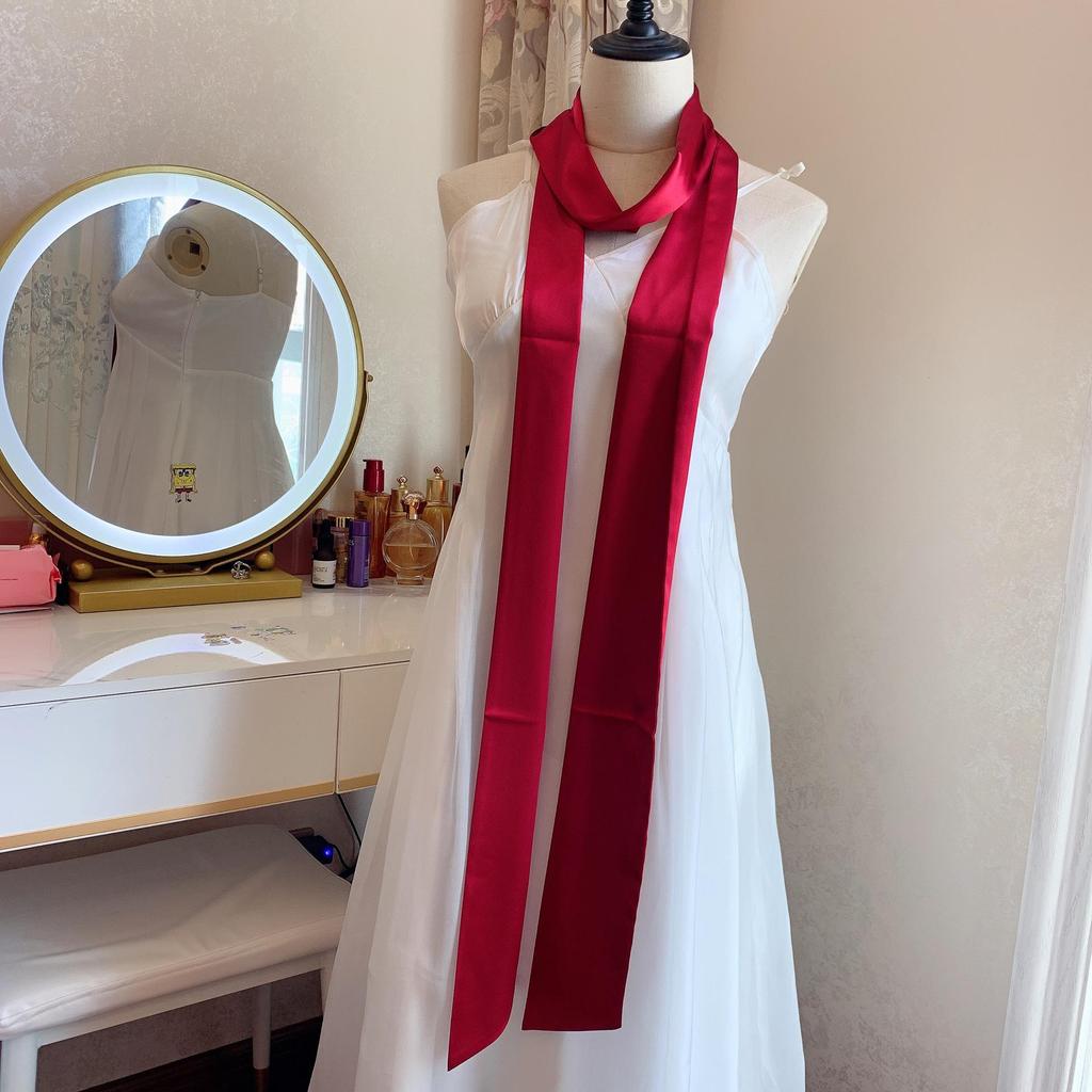 Navy Blue Solid Silk Ribbon Belt with Skirt Decoration