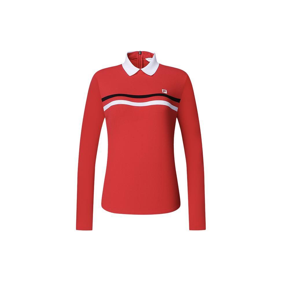 

FILA Golf Series Color Block Knit Long Sleeve Polo Shirt Women tops Fluorescent-Flame-Red A11W410211FRD M