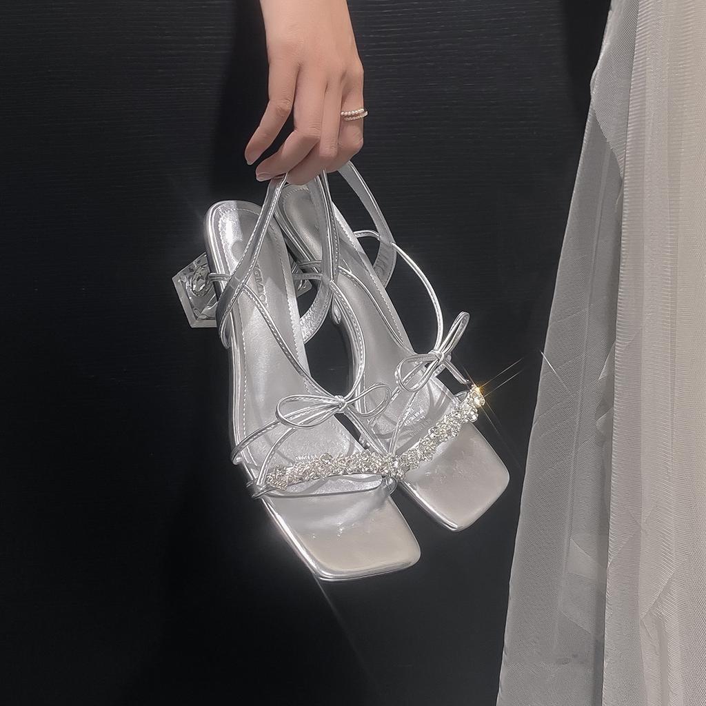 Sheepskin Version~ Beautiful Fairy Wind Bow Thick Heel Rhinestone Sandals Women's Summer Cross Word with Silver Sandals