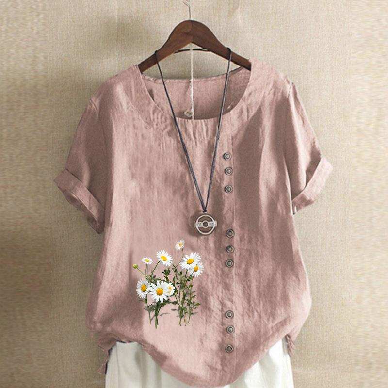 

Женская модная футболка с круглым вырезом и коротким рукавом с принтом хризантемы, повседневная рубашка из хлопка и льна с рисунком, свободная летняя блузка для отдыха, топы 5XL розовый