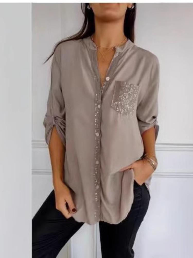 

Черная рубашка свободного кроя с серебристыми пайетками, повседневная блузка с длинным рукавом для женщин XXXL