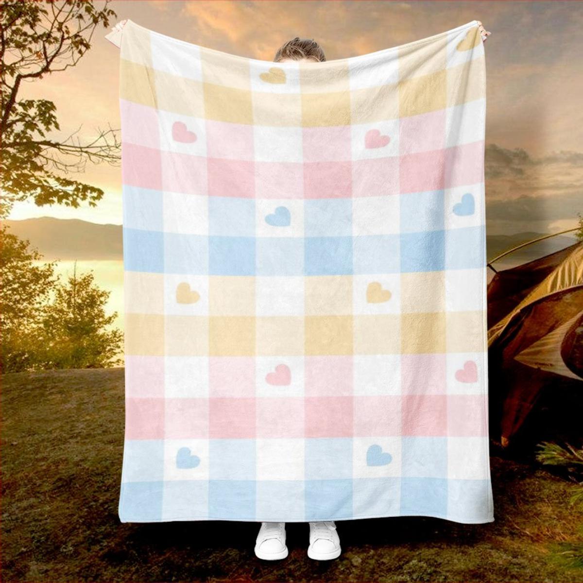 Heart-shaped checkered flannel blanket - bed, sofa, office, travel, gift, decoration, chair, comfort and warmth, Christmas 130x150cm