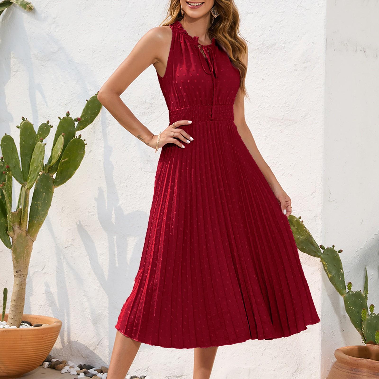 

Женское однотонное платье без рукавов для отдыха, отпуска, путешествий, со шнуровкой, высокой талией, плиссированное, с ворсом M красный