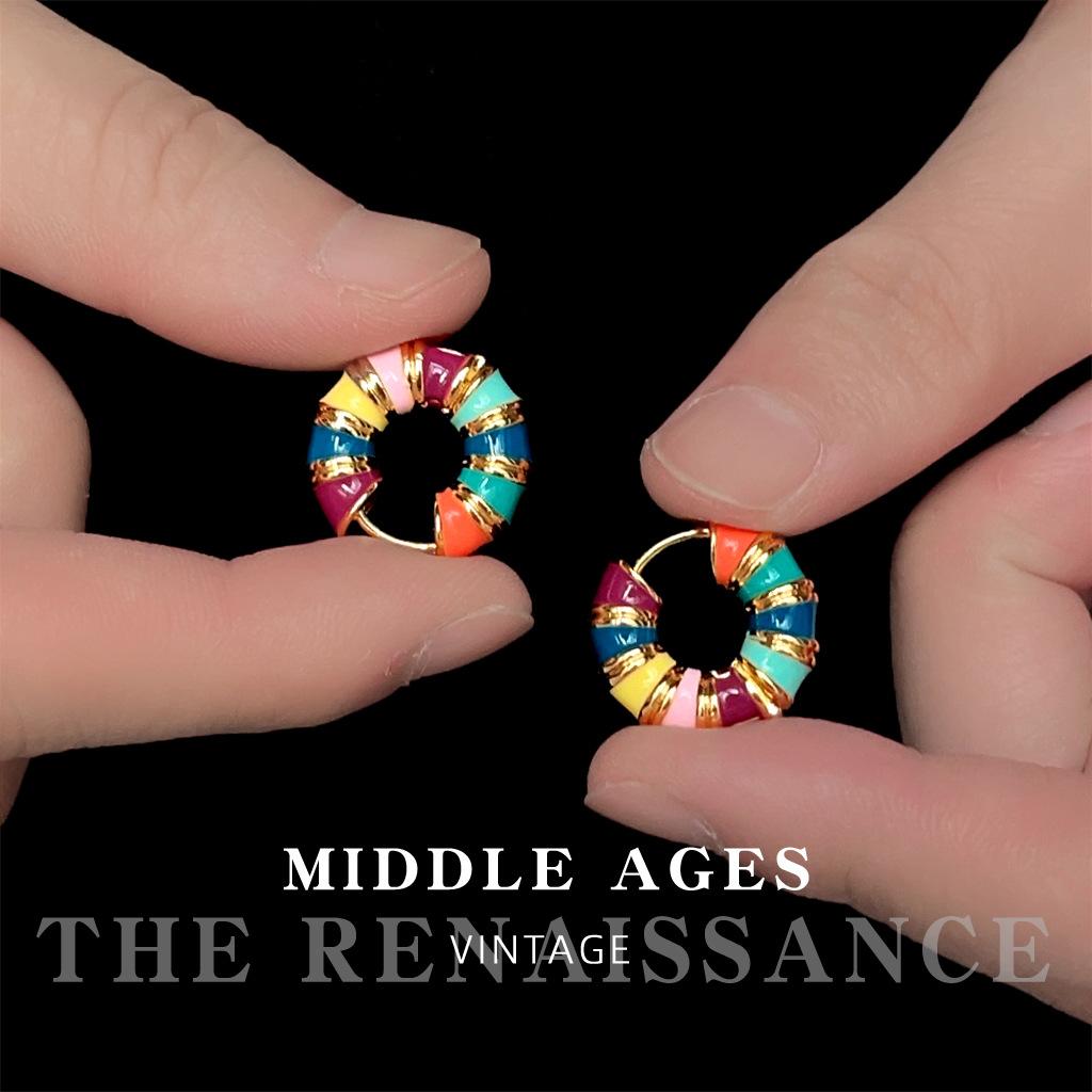 Винтажные эмалевые серьги-кольца с глазурью-каплей цвета, серьги в винтажном стиле тяжелой промышленности
