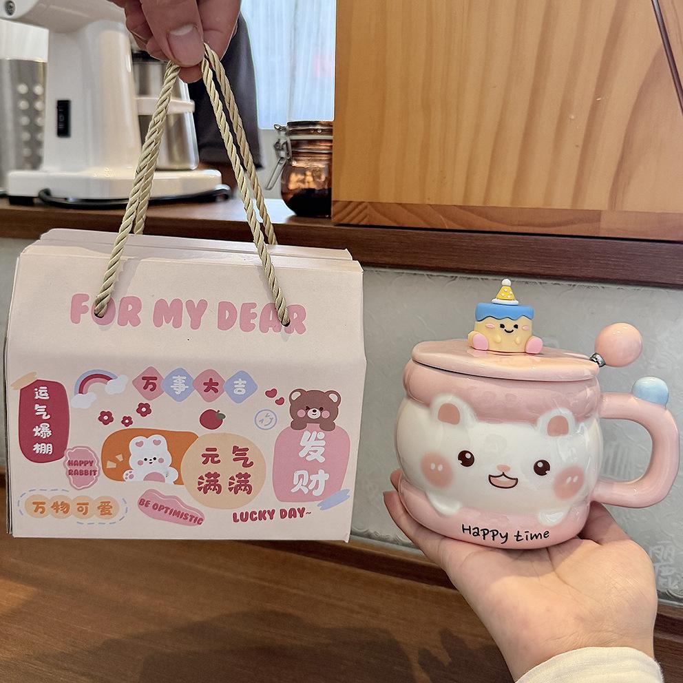 High Value Ins Ceramic Cup with Lid with Spoon Cute Mug Couple Home Coffee Breakfast Cup Children