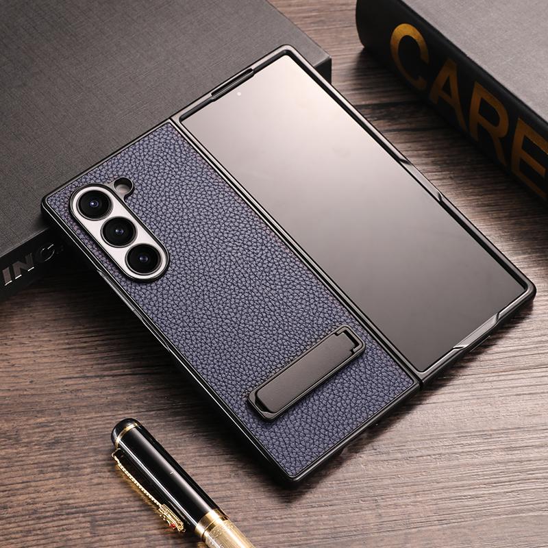 For Samsung Galaxy Z Fold 6 Case Luxury Lichee Pattern PU Leather Metal Back Kickstand Protective Folding Cover for Z Fold 6