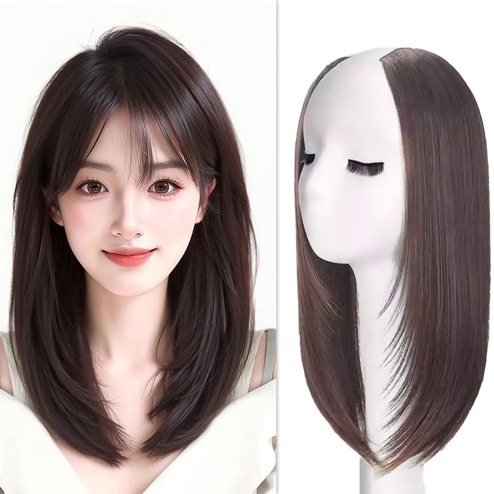 

MASAHA Hair Extensions, Nape Wig, Semi-Long, Straight, Inward Curl, Layered, Medium Length, Partial Wig, Hairpiece (Black Brown)