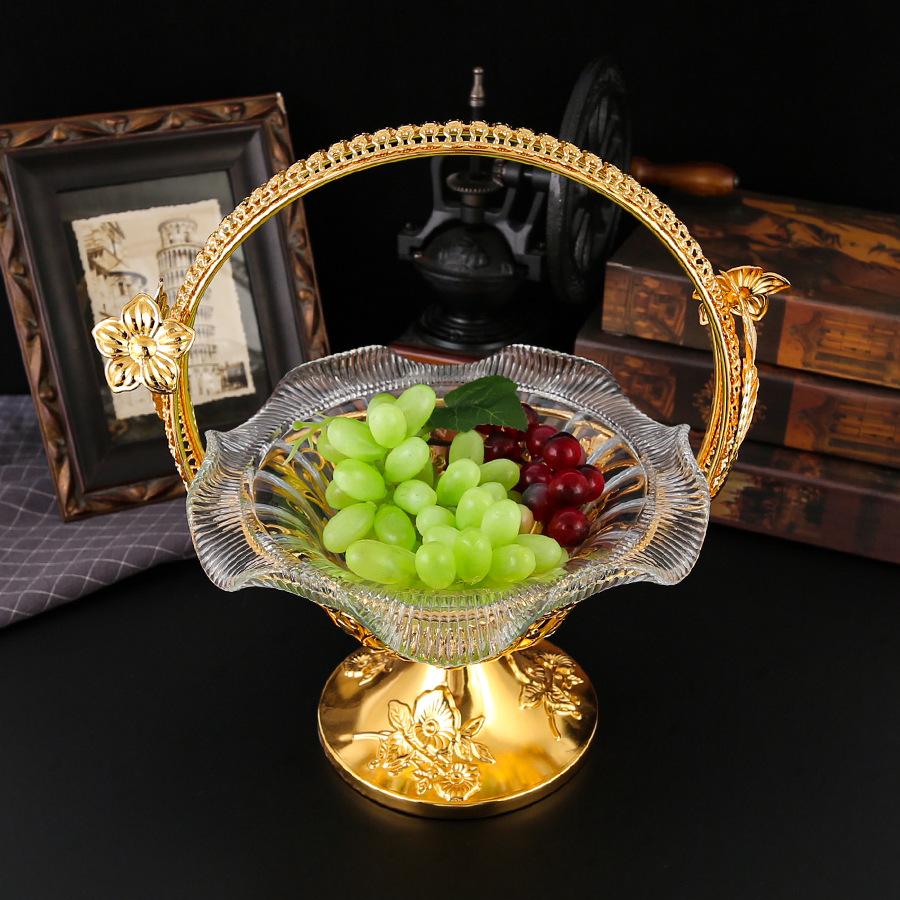 European metal flower handle glass fruit plate, snack plate, candy plate, snack plate, removable glass fruit plate, fruit basket