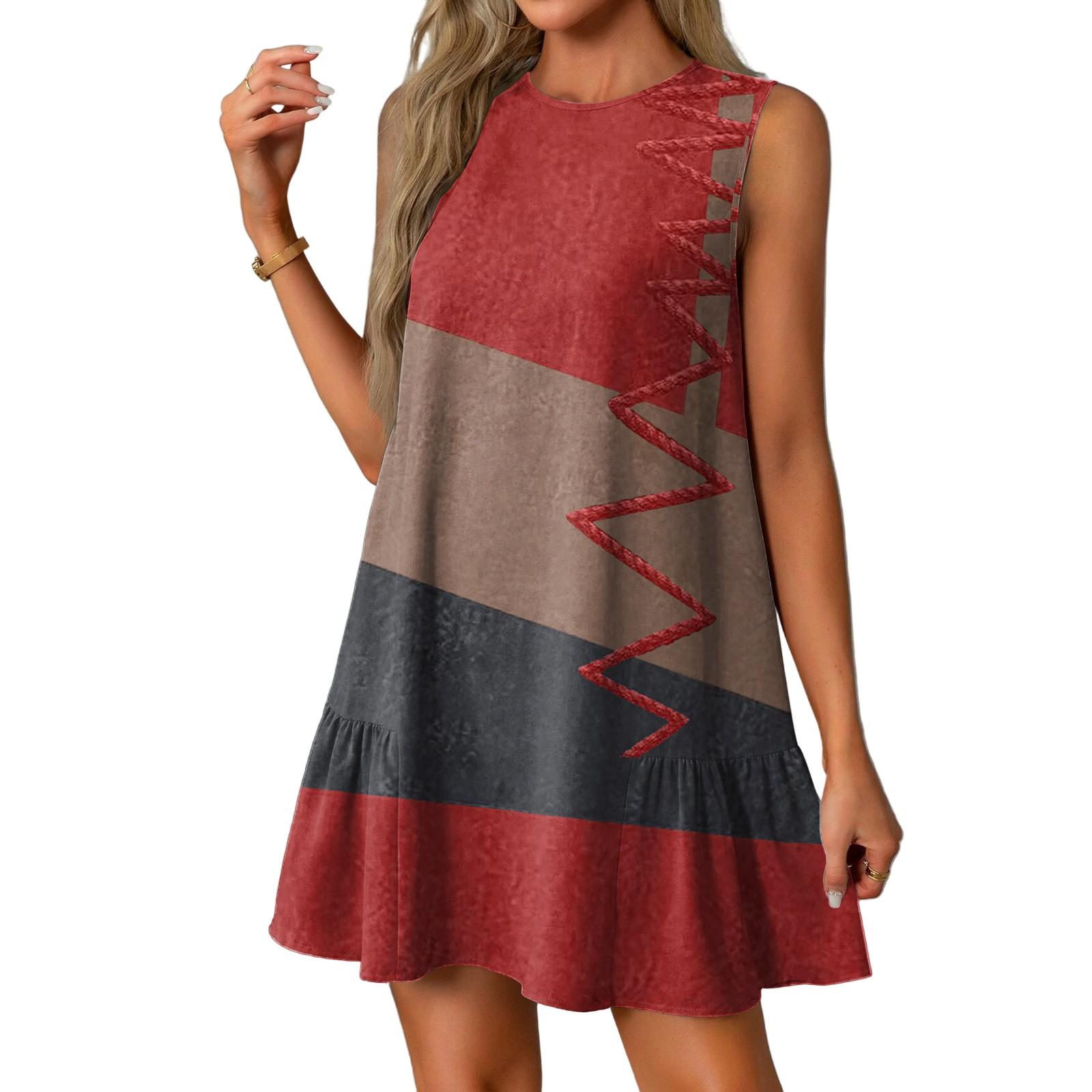 

Жіноча мода повсякденні безрукавні круглий виріз з рюшами вінтажний принт XXL винний