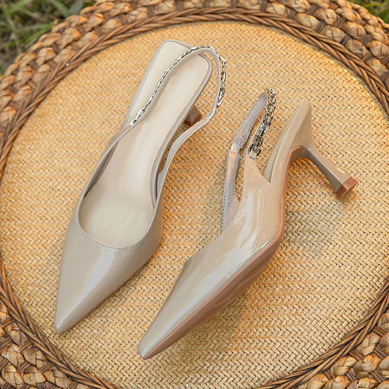 

2025 Новые летние лаконичные женские туфли-лодочки с острым носком, модная цепочка, ремешок сзади, высокие каблуки, туфли для вечеринки, сандалии-слингбэки 34 абрикосовый