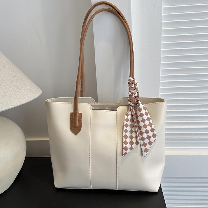 Solid Color PU Leather Large Capacity Tote Bag, Checkered Striped Silk Scarf Decor Long Handle Shoulder Bag For Women Office School Daily Commute