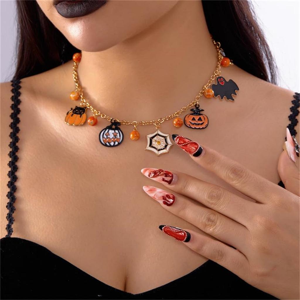 Halloween Christmas Charm Necklace for Women - Dainty Gold Paper Clip Necklace with Snowman, Santa, Snowflake, , Spirit, Pumpkin Cat