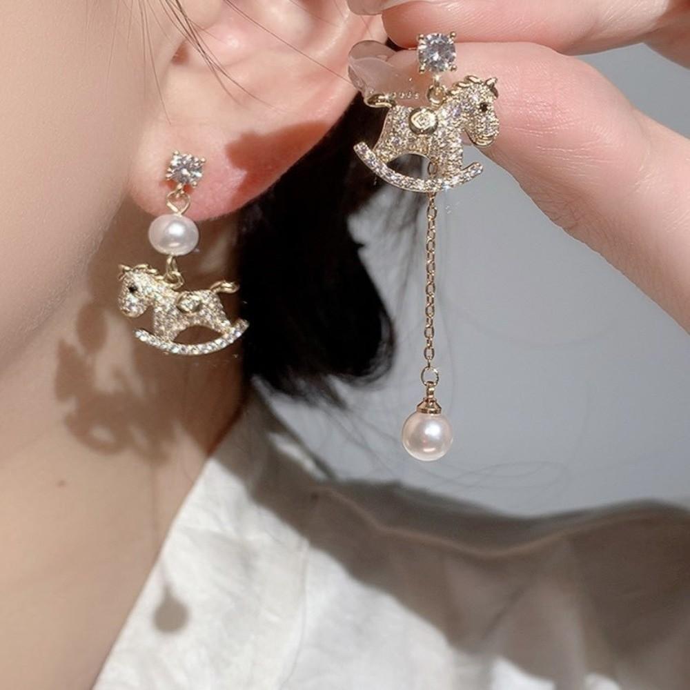 Pearl Gold Pony Earrings Zircon Horse Mascot Drop Earrings  Year of Horse Gift