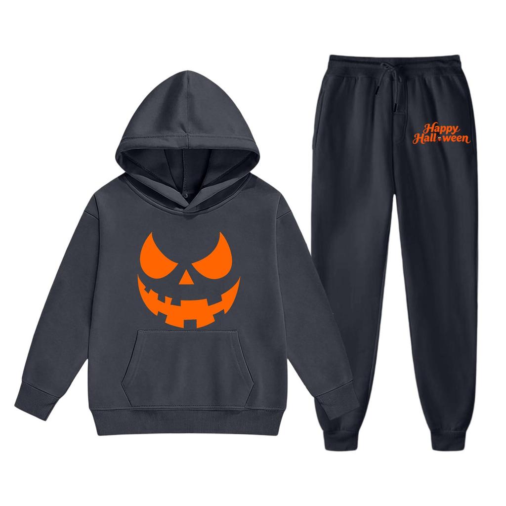 Kids Hoodie and Sweatpants Set with Halloween Print for Holiday Wear