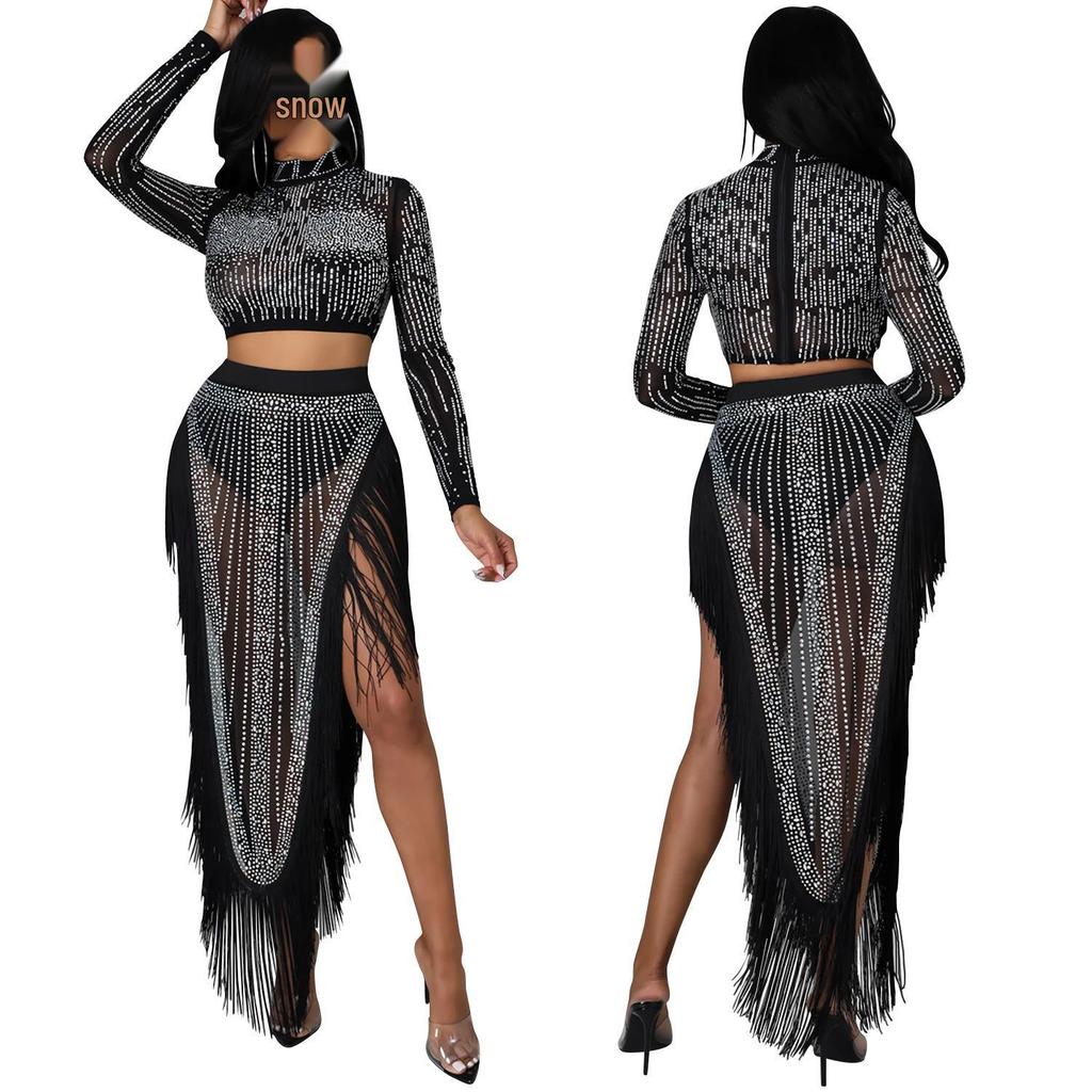 Sexy Rhinestone Mesh See-through Long Sleeve Slit Two-piece Nightclub Dress