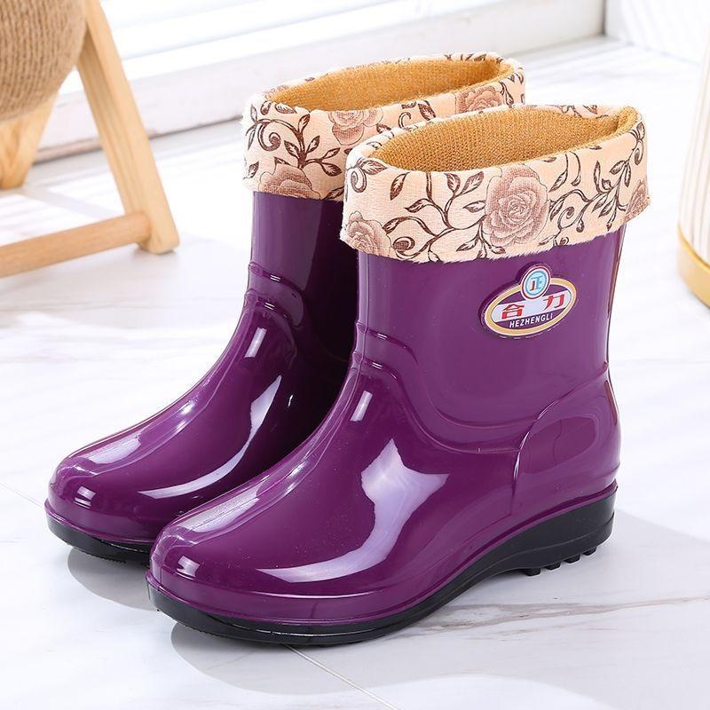 Women's Autumn And Winter Midsole Thick Soled Warm And Velvet Anti Slip Waterproof Shoes Rain Boots Rubber Shoes