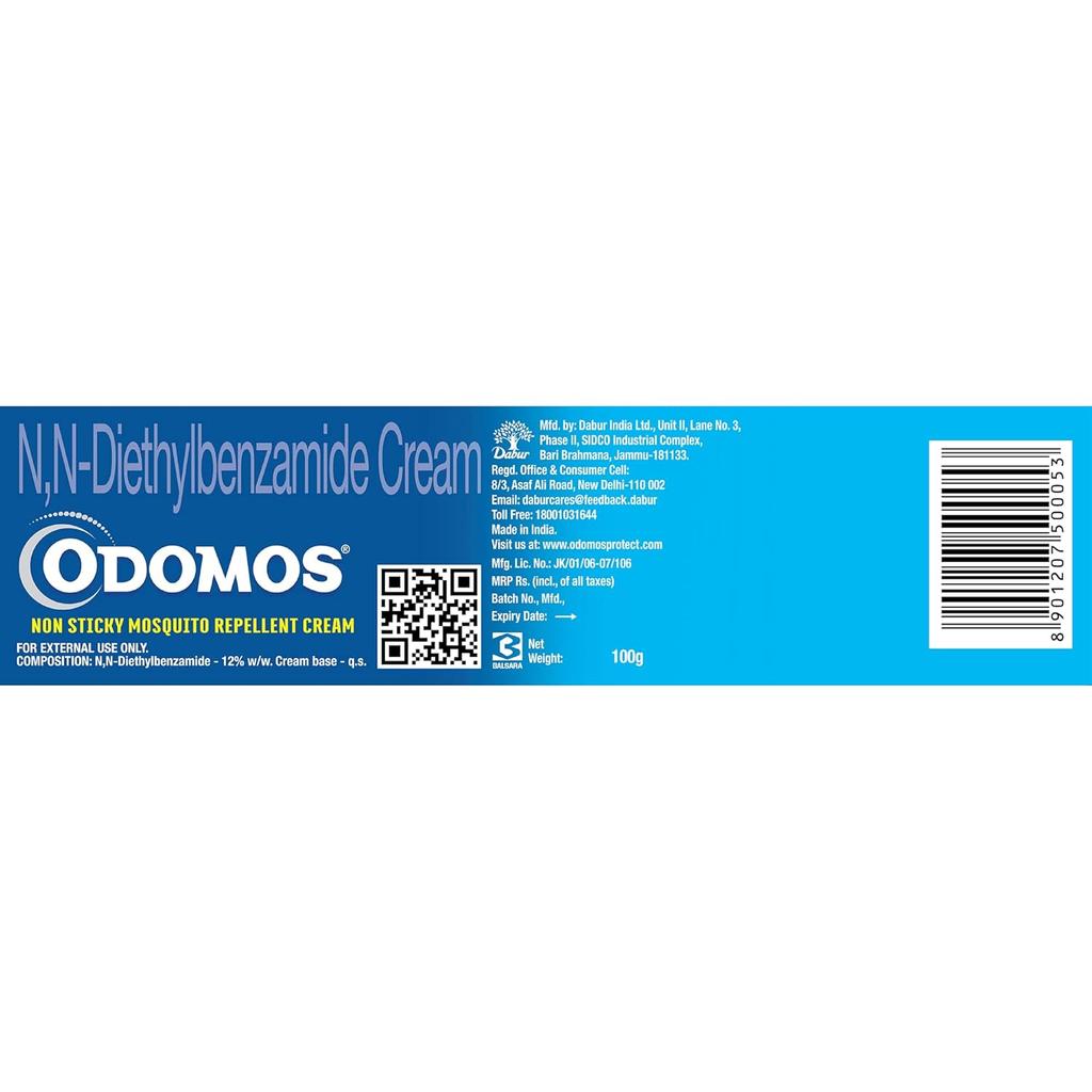Odomos Non-Sticky Mosquito Repellent Cream with Vitamin E and Almond Oil, 100g