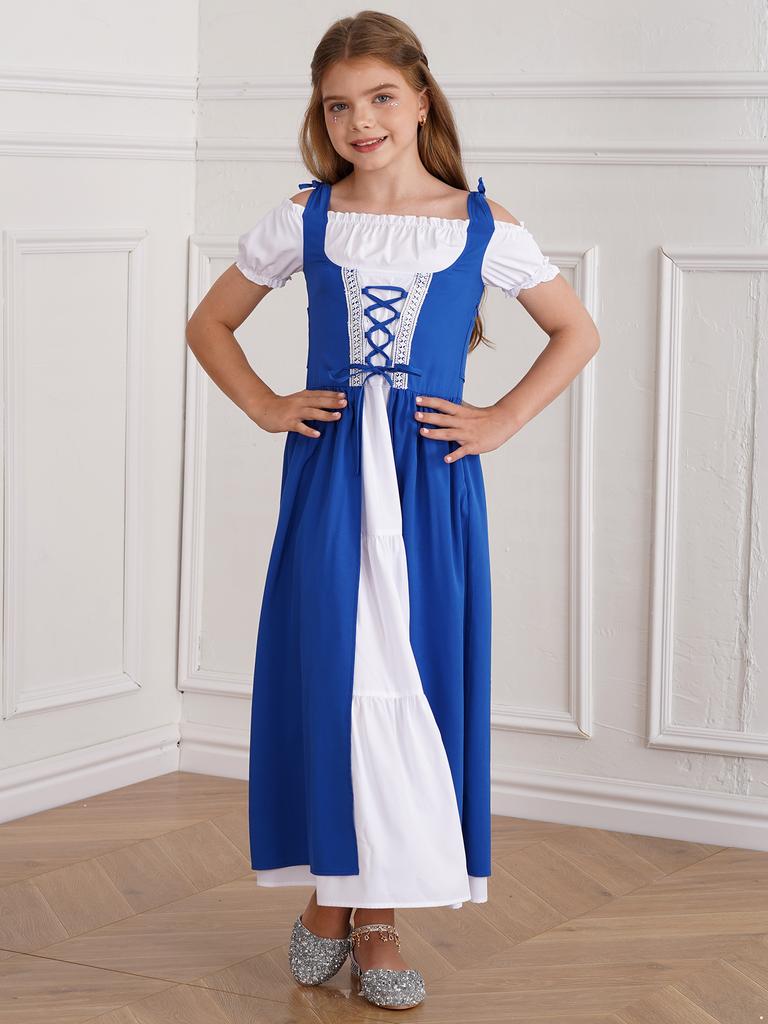 Girls Medieval Renaissance Style Pricess Costume Witch Role Playing Kids High Waist Ruffle Dress Halloween Fancy Dress-up Party