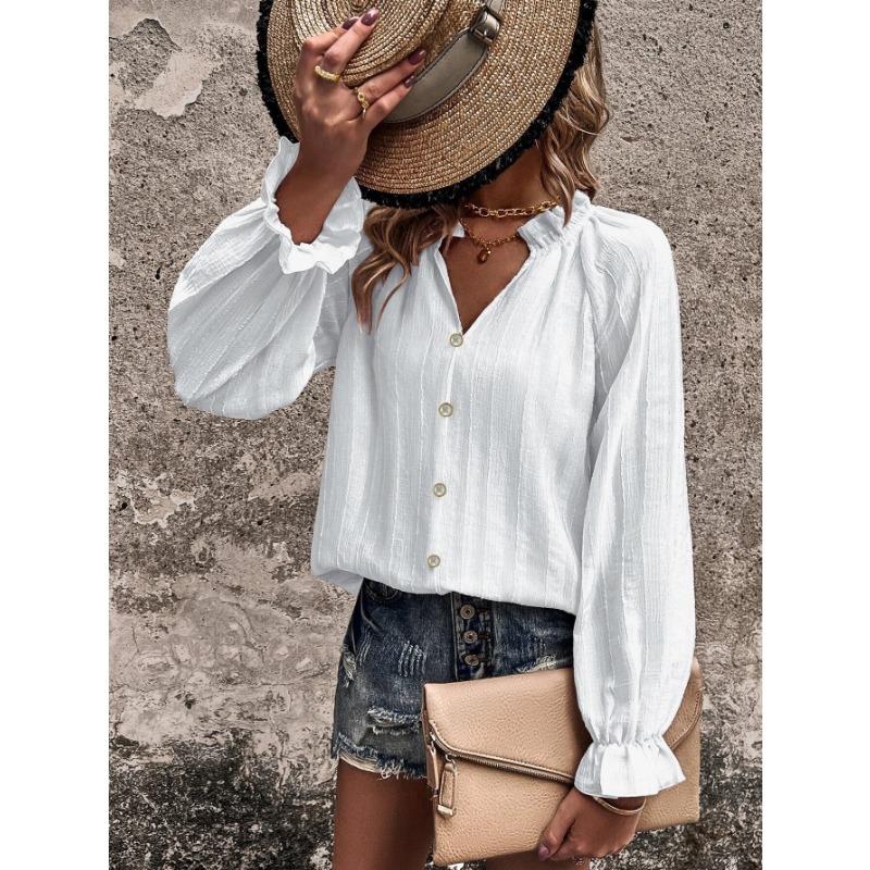 Vår- og høstbluse for kvinner Halvåpen hals med volangermer Chiffongstriper Temperament Elegant langermet topp