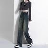 Women's Cement Gray High-Waisted Plush Wide-Leg Jeans - Autumn/Winter Slim Straight Trend.