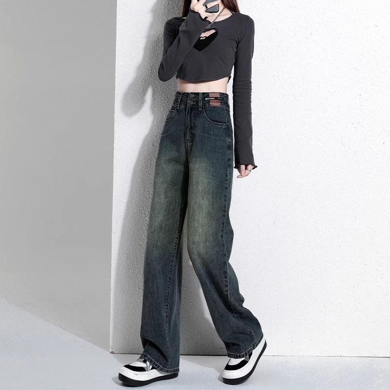 Women's Cement Gray High-Waisted Plush Wide-Leg Jeans - Autumn/Winter Slim Straight Trend.