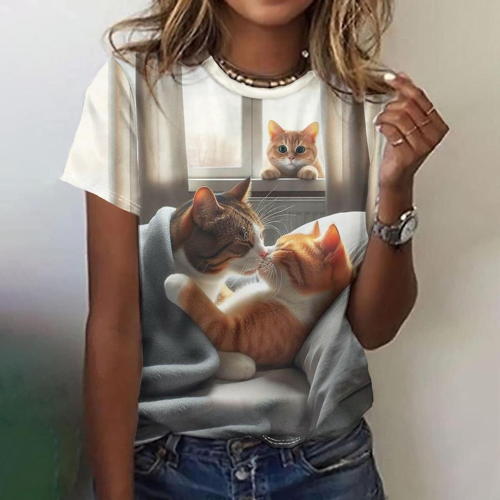 T-shirt Animale Colorata Divertente Carina Creativa Moda Comoda Larga Manica Corta da Donna