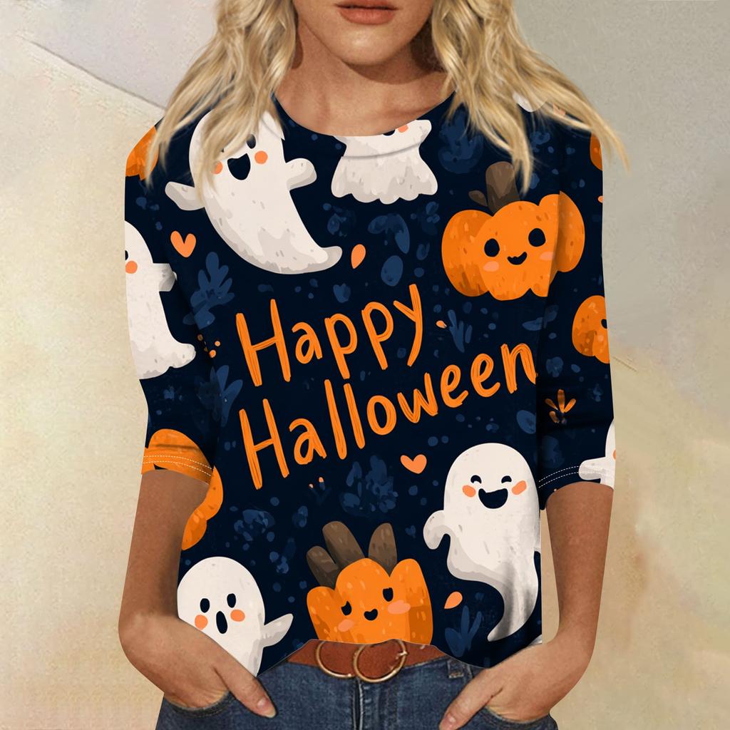 Women's Fashion Casual Round Neck Three-quarter Sleeve Halloween Printed T-shirt Top