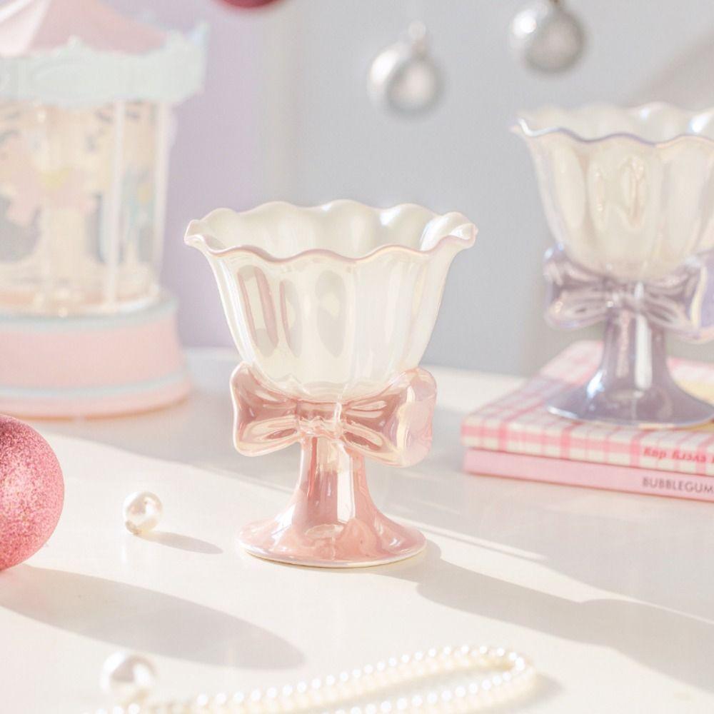 Ceramic Dessert Cup Multi-Function Tea Cup Dessert Tools Bow Shaped Ice Cream Cup  Desktop