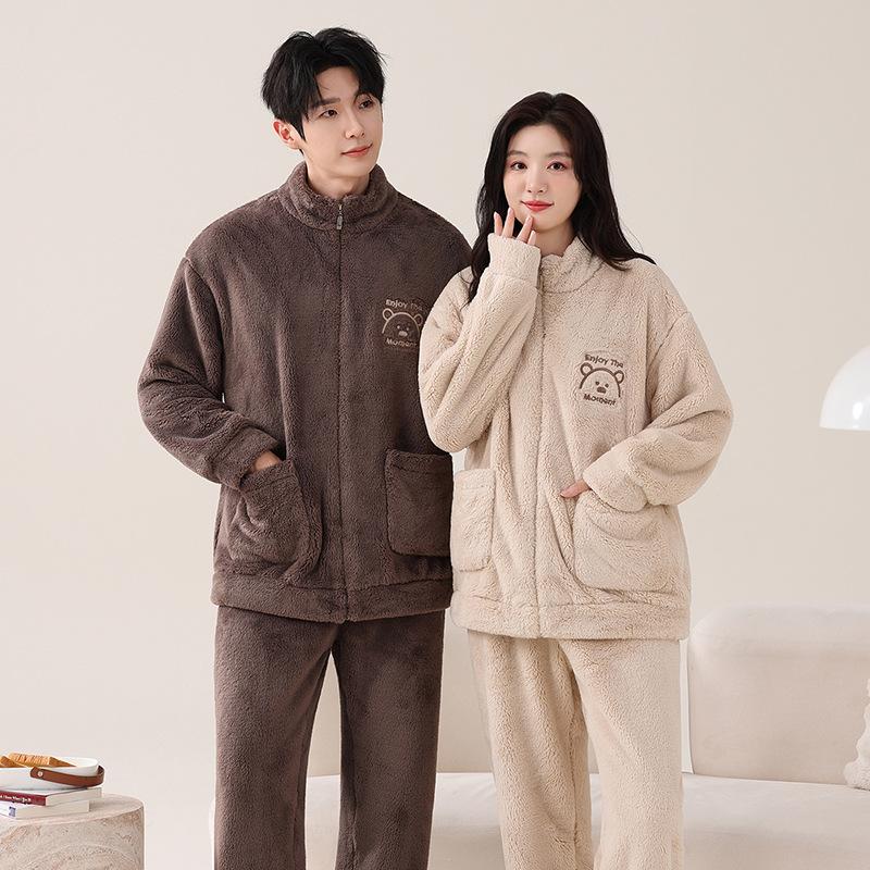 Coral Fleece Couple Pajamas Autumn And Winter Thickened Fleece Warm Flannel Men'S And Women'S Cute Loungewear