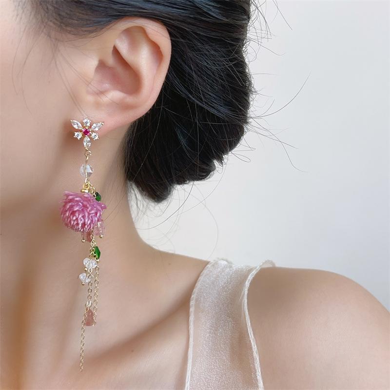 Orecchini Fiori a Forma di Fiocco Rosso a Mille Petali Immersi in Colla Fatti a Mano - Orecchini da Ragazza Retro Fiore Eterno Ultra-splendidi