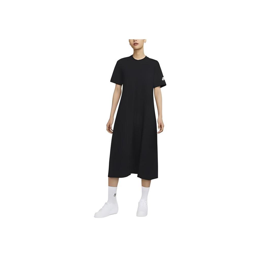 Nike Solid Color Brand Logo Knitted Casual Pullover Round Neck Short Sleeve Dress Women Dresses Black CZ3550-010