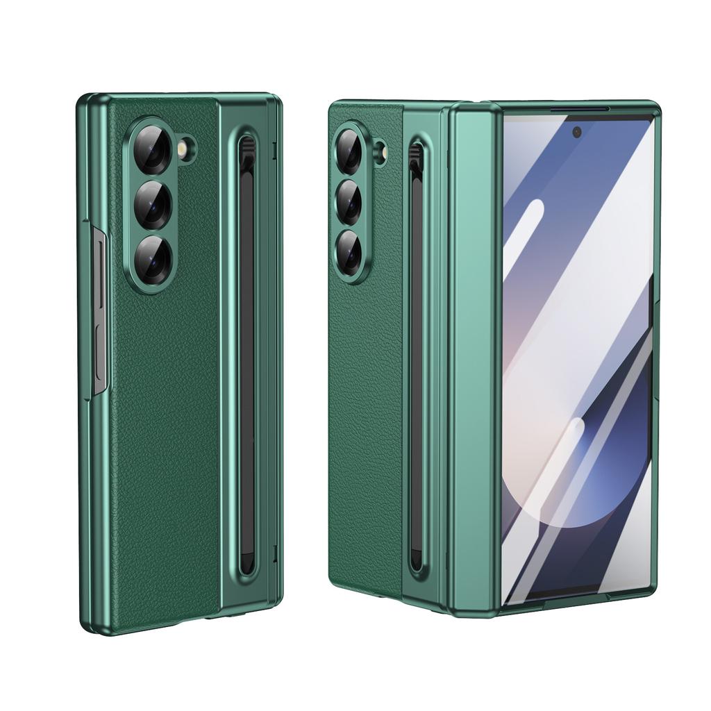 For Samsung Z Fold 7 6 5 4 8 Ultra Hinge Protective Case PC + PU texture + tempered film Front Screen Protector (With touch pen)