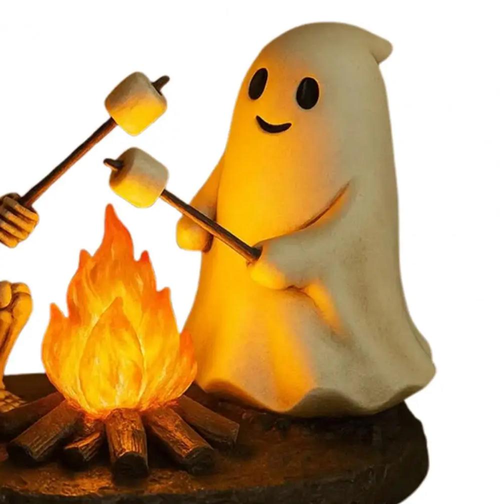 Skeleton Ghost Bonfire Night Lamp Halloween Roasting Marshmallow Ghost Statue Fake Campfire Lamp Home Party Bedroom Decoration
