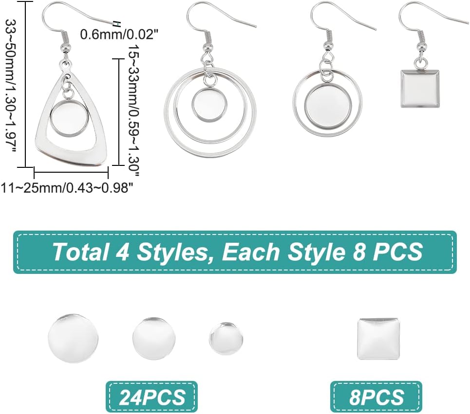12 Pairs 4 Style Glass Blank Dome Dangle Earrings Twist Triangle & Ring & Square 304 Stainless Steel Earrings for Women Stainless Steel Color 33~50mm