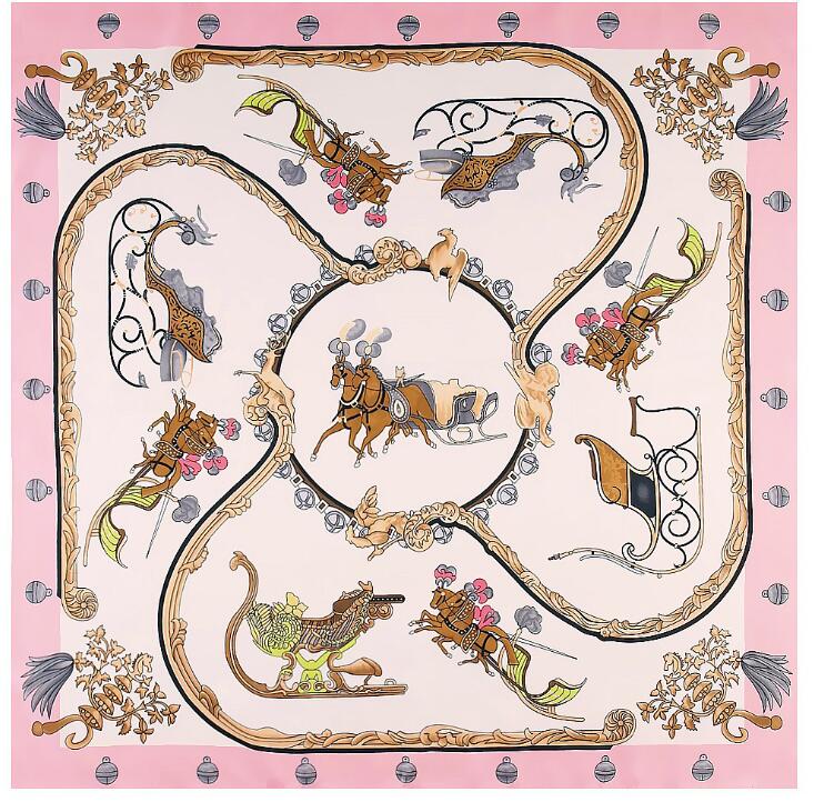 New Silk Scarf Women Large Shawls Horse Carriage Stoles Square Bandana Luxury Kerchief Hijab Scarf Female Foulards 130CM