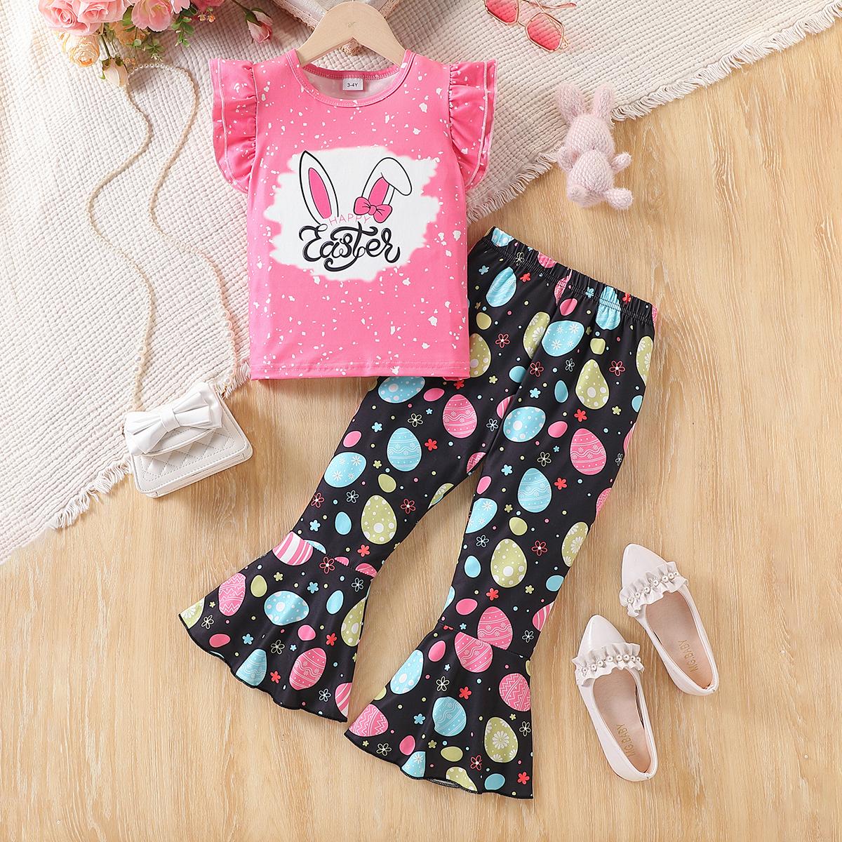 

Toddler Girl Summer Outfit 1-6 Years Old Pink Rabbit Top with Black Easter Egg Print Bell Bottom Pants Cute Casual Set 5-6Y