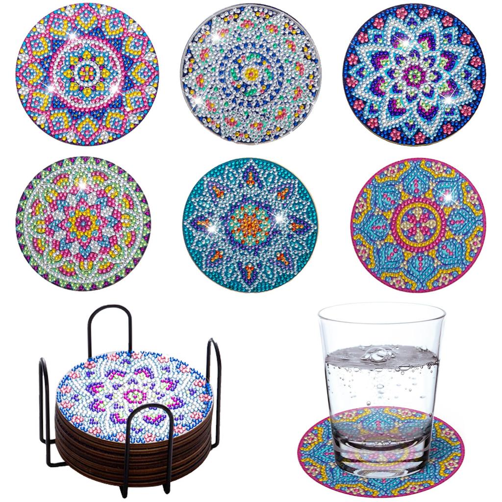 6pcs/8pcs Diy  Coasters With Holder Round Mandala Coasters  Kits Accessories