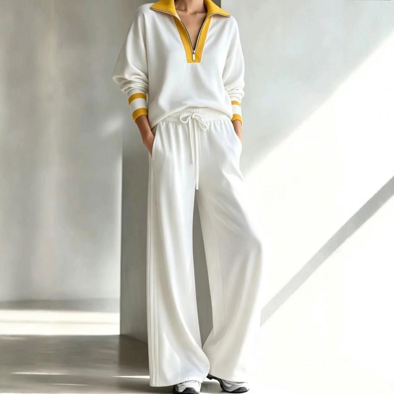 Womens Casual 2-Piece Set Long Sleeve Hoodie Wide-Leg Pants Fall Outfit Loose Fit Color-Block Sporty Style